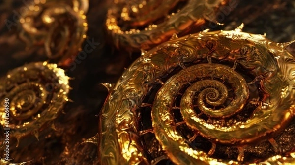 Fototapeta Golden Spiral Fossils Close Up in Warm Lighting Artistic Natural Texture