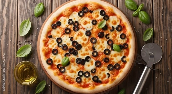 Fototapeta Delicious homemade pizza with olives on a wooden table, top down view