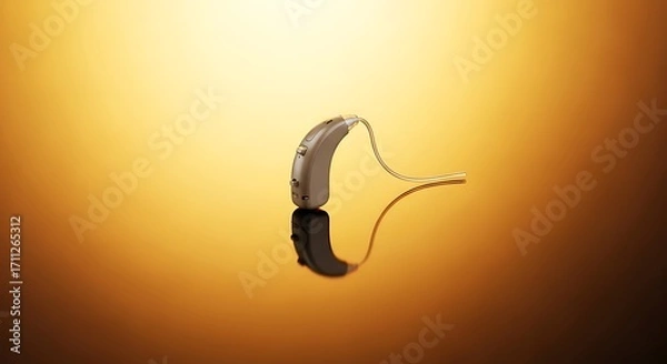 Fototapeta Discreet behind-the-ear hearing aid against a shimmering golden backdrop