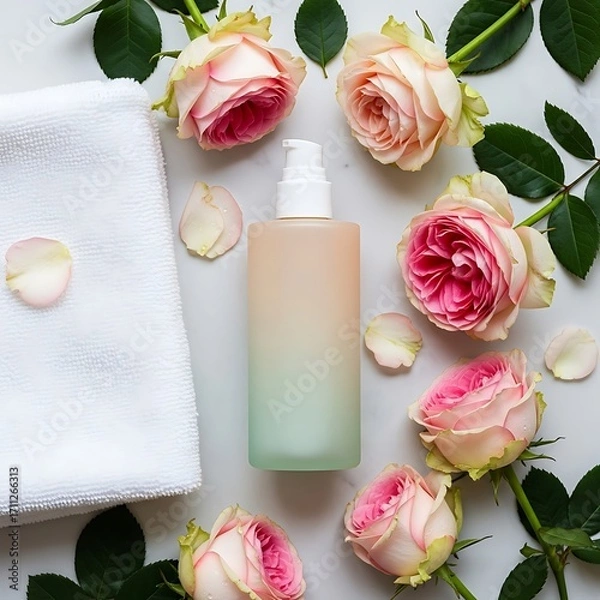 Fototapeta Elegant cosmetic bottle with pump surrounded by pink roses and soft towel