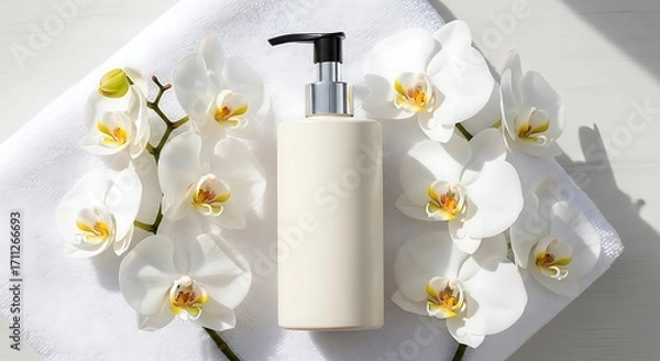 Fototapeta Elegant display of skincare product with orchids on soft towel setting