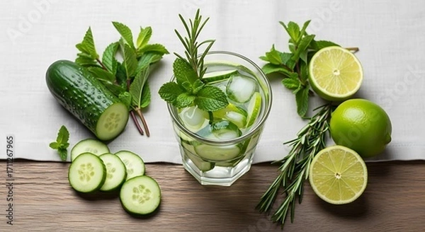 Fototapeta Refreshing spa water with cucumber lime rosemary and mint infusion