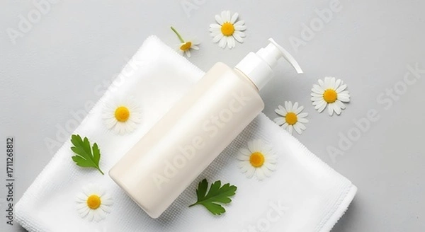 Fototapeta Relaxing spa treatment display featuring lotion, towel, and chamomile blooms