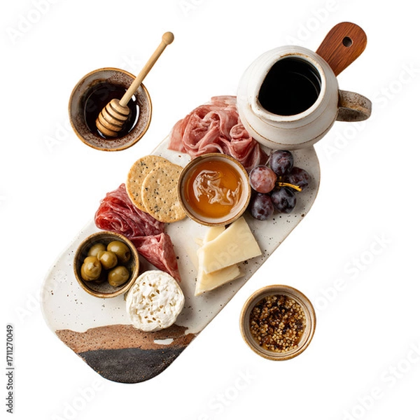 Fototapeta Artfully arranged charcuterie board with cured meats, cheeses, olives, grapes, crackers, honey, and dipping sauce, overhead view.
