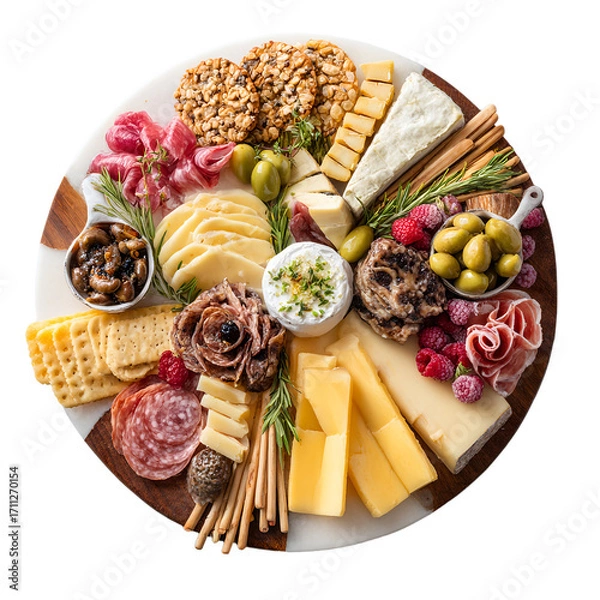 Fototapeta Artfully arranged charcuterie board with various cheeses, cured meats, olives, crackers, and fruits, overhead view.
