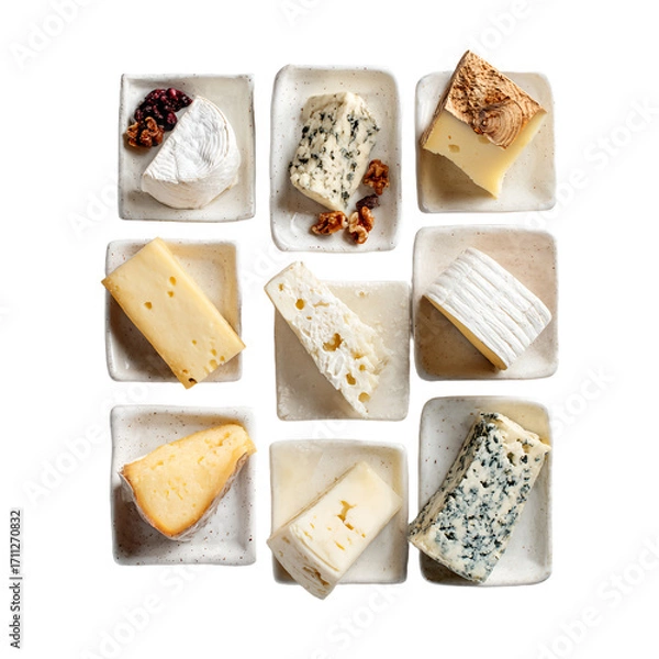 Fototapeta A selection of nine different cheeses arranged in a grid on small ceramic dishes, top-down view.

