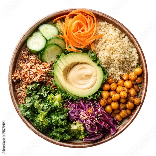 Fototapeta Nutritious buddha bowl with quinoa, avocado, chickpeas, kale, broccoli, cabbage, cucumber, and carrots, top view studio shot
