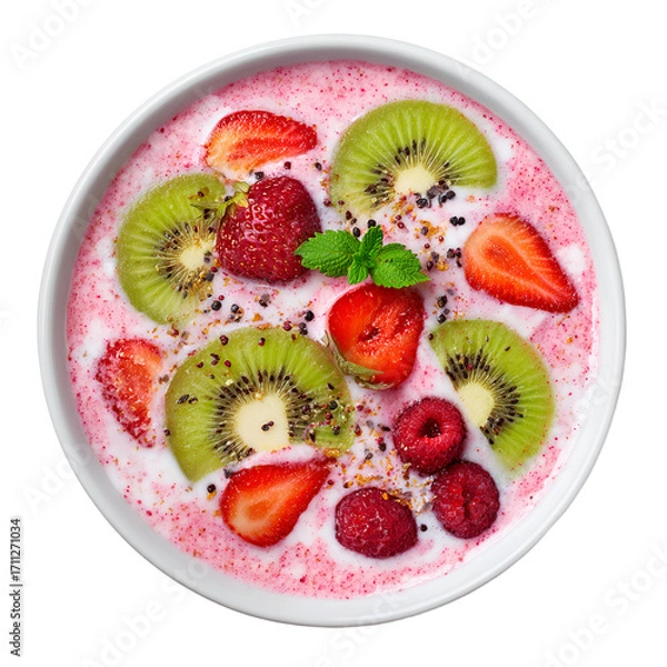 Fototapeta Fruit smoothie bowl with kiwi, strawberry, and raspberry slices, garnished with mint and seeds, presented in a white ceramic dish, top-down view.


