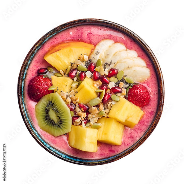 Fototapeta Smoothie bowl with assorted fruits and seeds, top view, studio shot.

