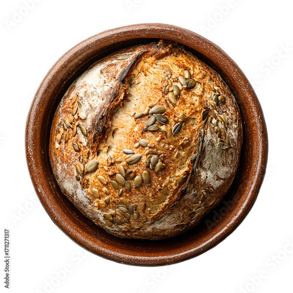 Fototapeta Rustic loaf of bread with seeds, presented in a ceramic bowl, top-down view, studio lighting.

