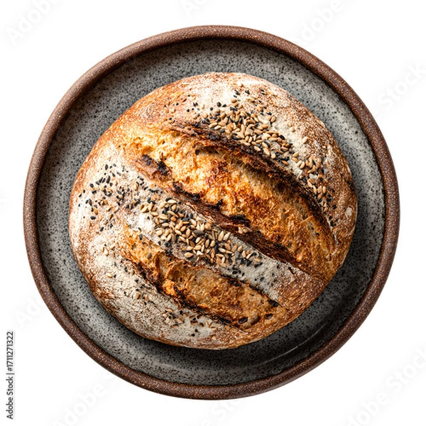 Fototapeta Rustic loaf of bread with seeds on a ceramic plate, top view, studio shot
