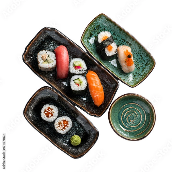Fototapeta Assortment of traditional Japanese sushi and nigiri arranged on dark and green ceramic plates, top-down view.
