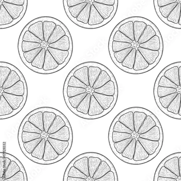 Fototapeta Orange slice. Black and white hand drawn sketch as seamless pattern