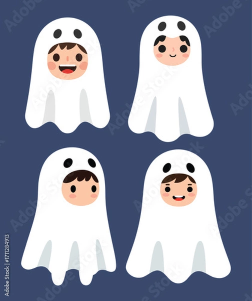 Fototapeta Four Adorable Children Dressed as Ghosts for Halloween with Playful Expressions.