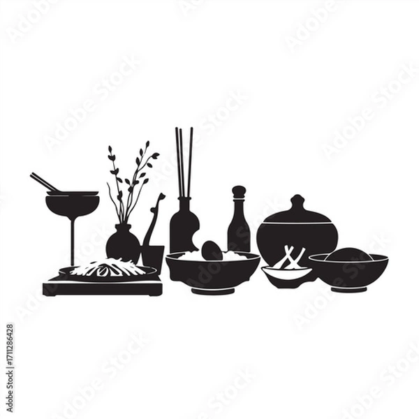 Fototapeta A vector art piece in an isekai anime aesthetic, showcasing black and white silhouettes of Korean cuisine against a stark white canvas, exuding a timeless and elegant mood with dynamic framing.