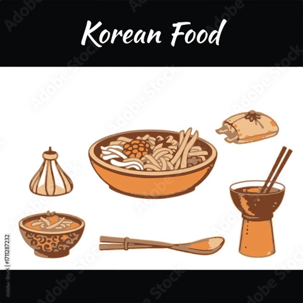 Fototapeta A hand-drawn sketch of classic Korean food silhouettes in a timeless, elegant Vector style, rendered in a Color sketchnote style on a clean white background.