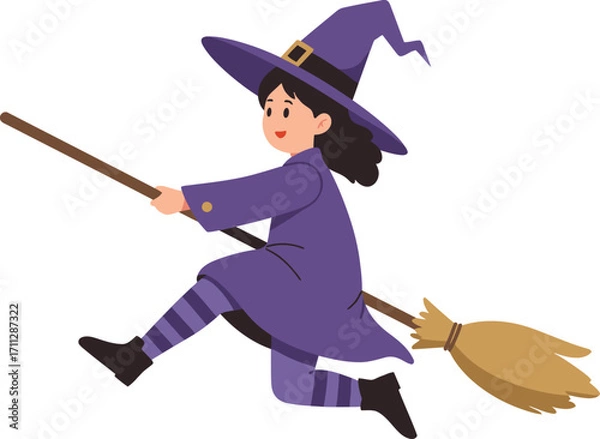 Fototapeta Cartoon Witch Flying on a Broom with a Smiling Face.