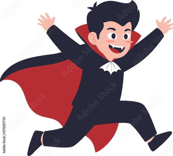 Fototapeta Joyful Vampire Boy Leaping with Open Arms and Fangs Halloween Costume.