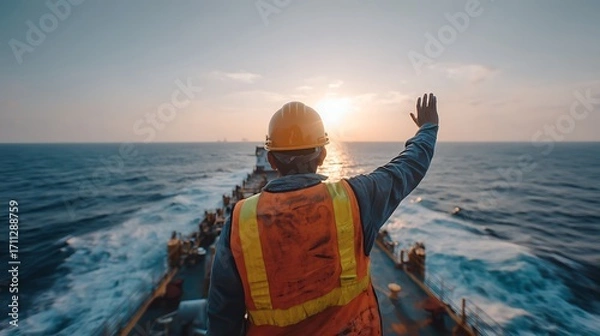 Fototapeta A seafarer waves goodbye as the sun sets on the horizon, capturing a moment of farewell and the vastness of the ocean.