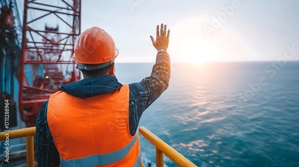 Obraz A worker on an offshore platform, waving at the camera with the sun setting in the background.