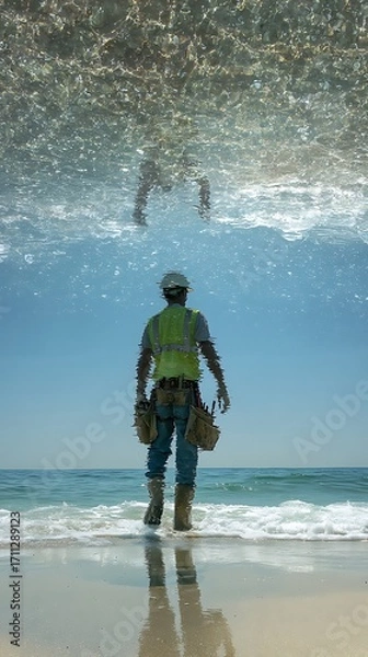 Fototapeta A construction worker stands in the ocean, wearing a hard hat and safety vest, with a clear view of the underwater world.