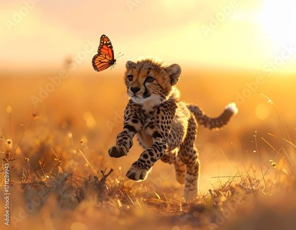 Fototapeta Playful cheetah cub chasing butterfly
