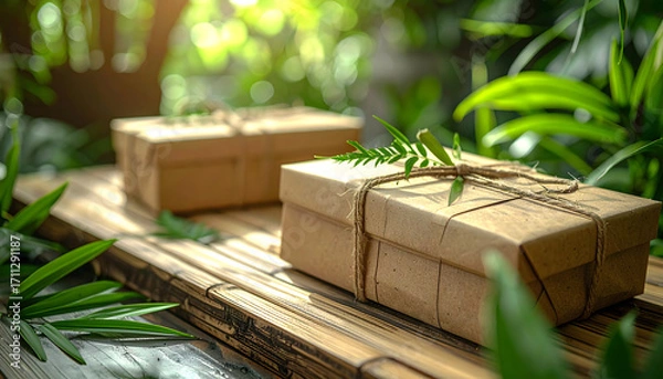 Fototapeta Eco-Friendly Parcel Presentation: Capturing the essence of sustainable gifting, these elegantly wrapped eco-friendly parcels are nestled amidst lush greenery, symbolizing care for the environment.