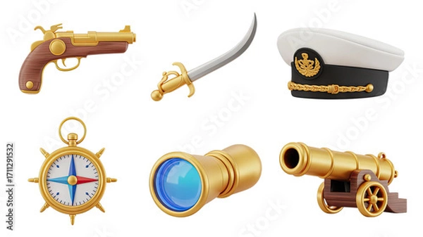 Fototapeta Pirate Captain's Arsenal 3D Render Featuring Pistol, Sword, Hat, Compass, Spyglass, and Cannon