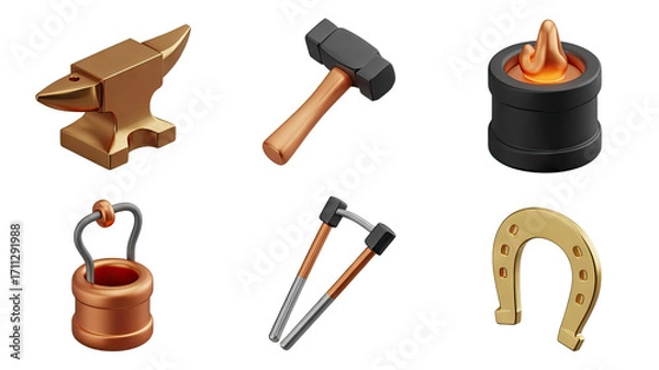 Obraz Blacksmith Tools 3D Render Set Anvil Hammer Forge Tongs Pliers Horseshoe on Transparent