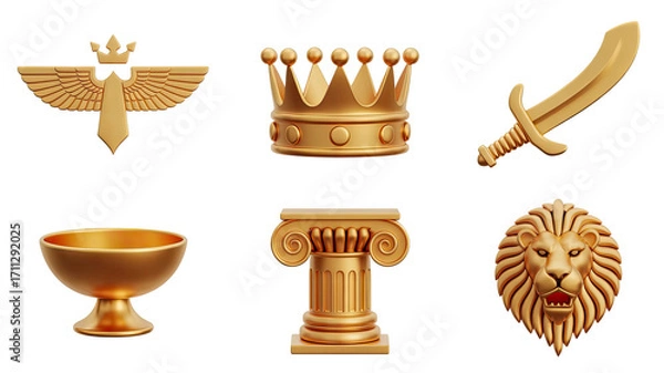 Obraz Regal Golden Collection 3D Rendered Eagle Crown Sword Bowl Column and Lion Head Set