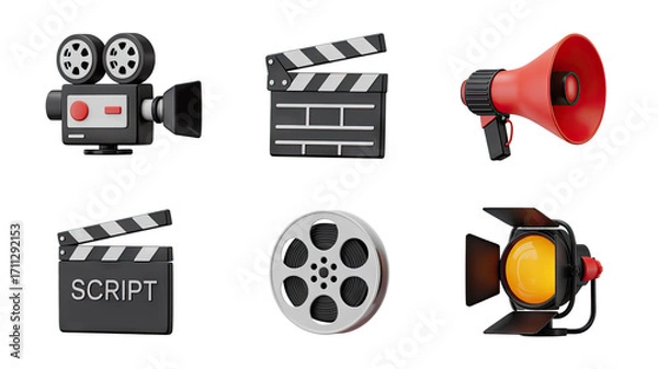 Fototapeta Film Production Equipment 3D Renderings Featuring Camera, Clapperboard, Megaphone, and Studio Light