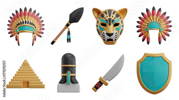 Obraz Aztec and Mayan Civilization 3D Renderings Featuring Headdresses, Weapons, and Architectural Elements
