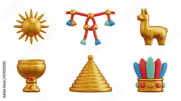 Obraz Inca Civilization 3D Renderings Featuring Sun, Ornament, Llama, Chalice, Pyramid, and Headdress