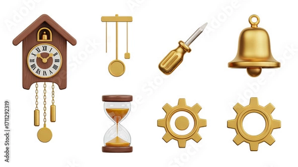 Fototapeta Cuckoo Clock, Pendulum, Screwdriver, Bell, Hourglass, Gear 3D Render on Transparent Background