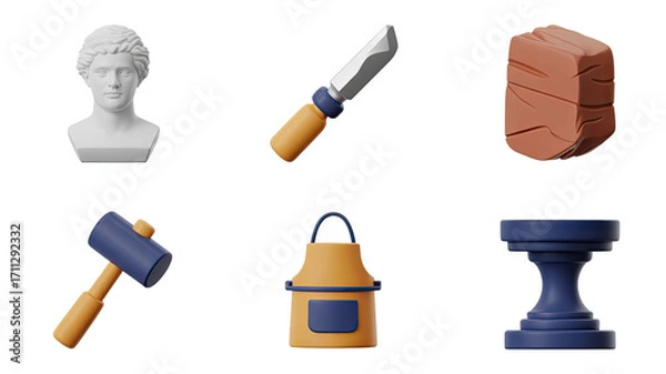 Obraz Bust, Chisel, Clay, Mallet, Apron, Stand 3D Render on Transparent Background