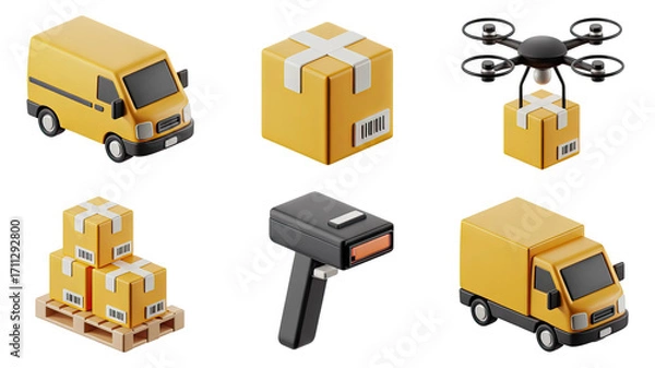 Obraz Delivery Van, Package, Drone, Pallet, Barcode Scanner, and Truck on Transparent Background