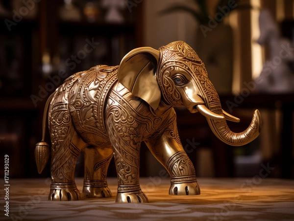 Fototapeta Elegant Brass Elephant Statue in Golden Light