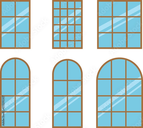 Fototapeta Set of Flat Window Designs with Glass Panes and Wooden Frames