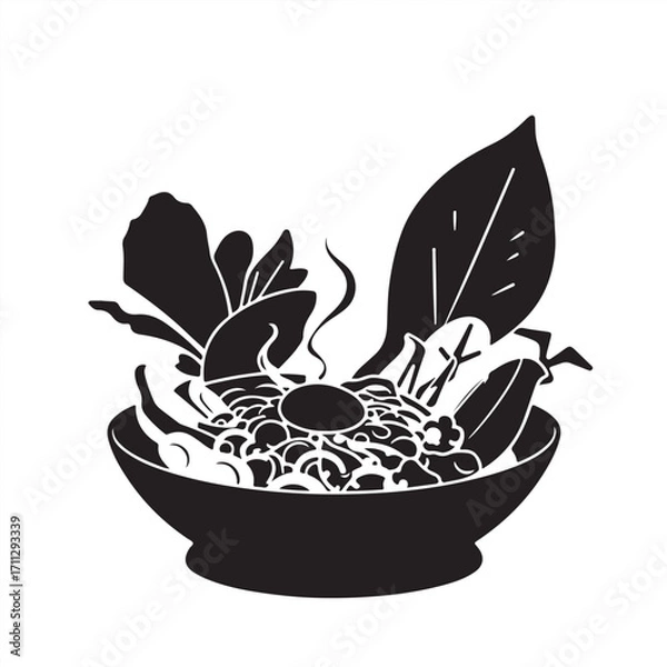 Fototapeta Classic black and white vector silhouette showcasing Korean food with a futuristic sci-fi aesthetic, set on a white background