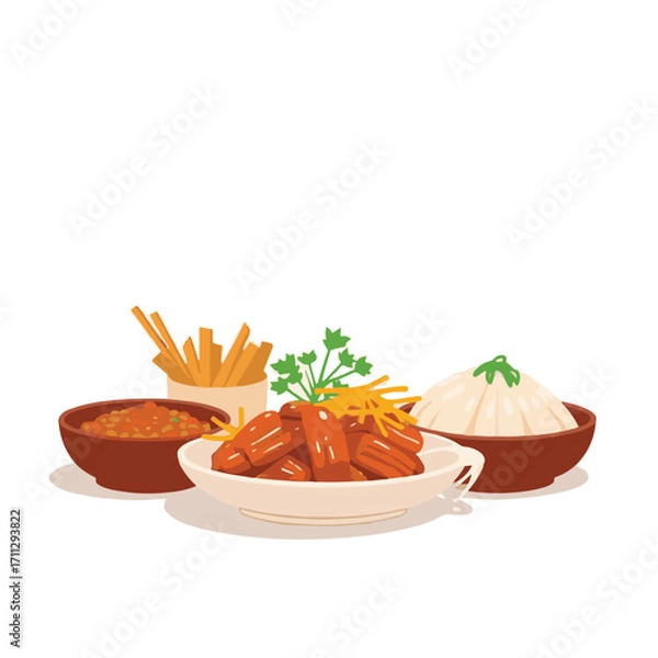 Fototapeta Fine art photography of classic Korean food silhouettes in a clean vector style, presented on a white background with soft contrast and saturation, conveying timeless elegance