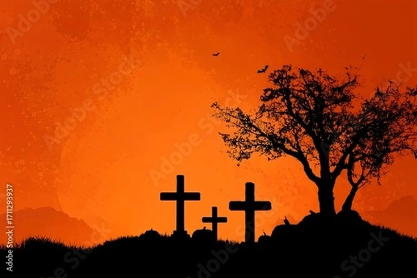 Fototapeta Graveyard silhouette against textured orange sky