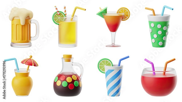 Obraz Tropical Drinks 3D Render Set Beer Juice Cocktail Lemonade Umbrella on Transparent