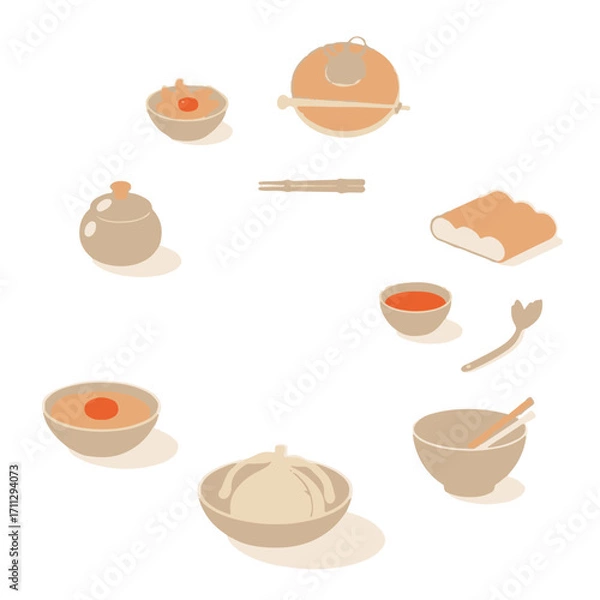 Fototapeta Fine art photography of classic Korean food silhouettes in a clean vector style, presented on a white background with soft contrast and saturation, conveying timeless elegance