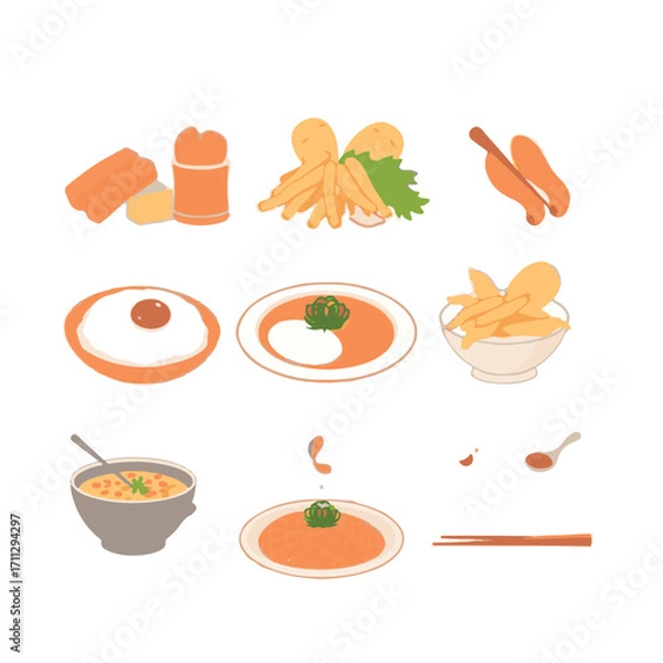 Fototapeta Fine art photography of classic Korean food silhouettes in a clean vector style, presented on a white background with soft contrast and saturation, conveying timeless elegance