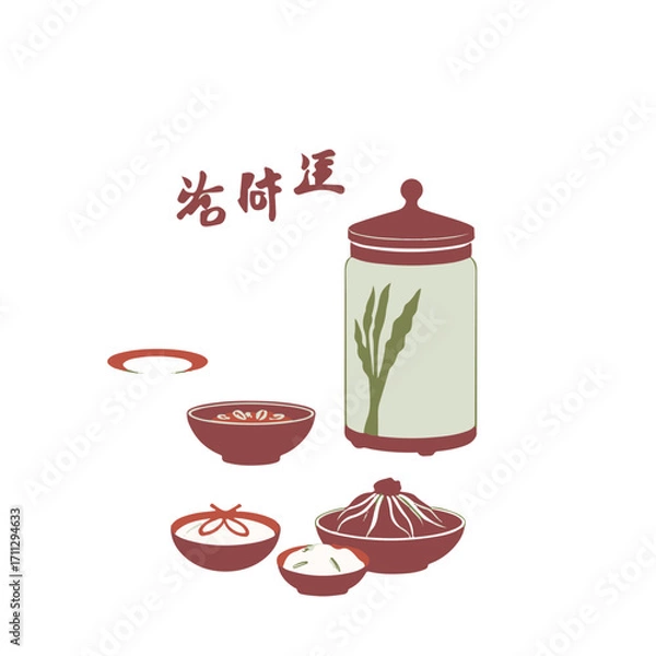 Fototapeta Fine art photography of classic Korean food silhouettes in a clean vector style, presented on a white background with soft contrast and saturation, conveying timeless elegance