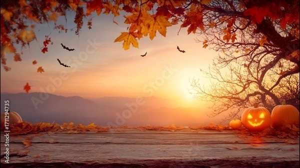 Fototapeta Sunset panorama with jack o lanterns bats and autumn leaves on rustic table