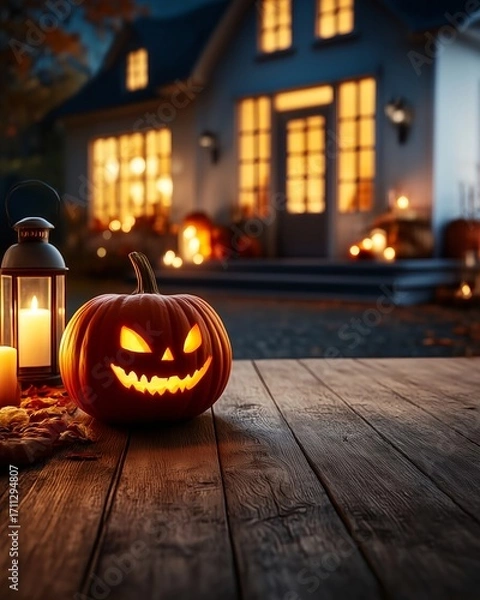 Fototapeta Jack o lantern on wooden porch with lantern and warm house lights