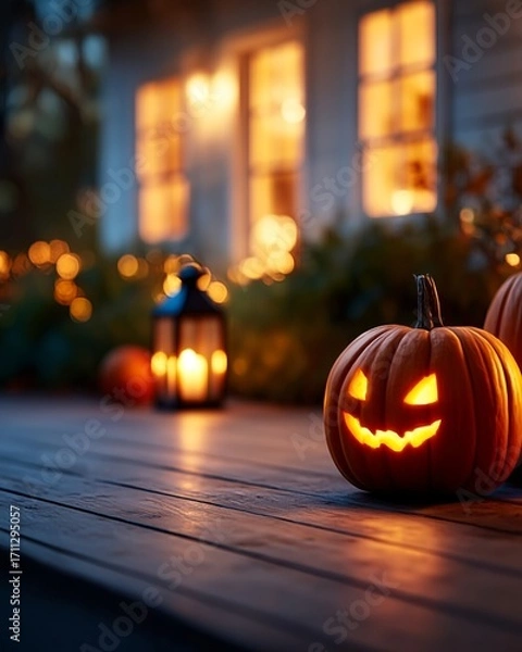 Fototapeta Glowing jack o lantern with lantern light on wooden porch during Halloween night