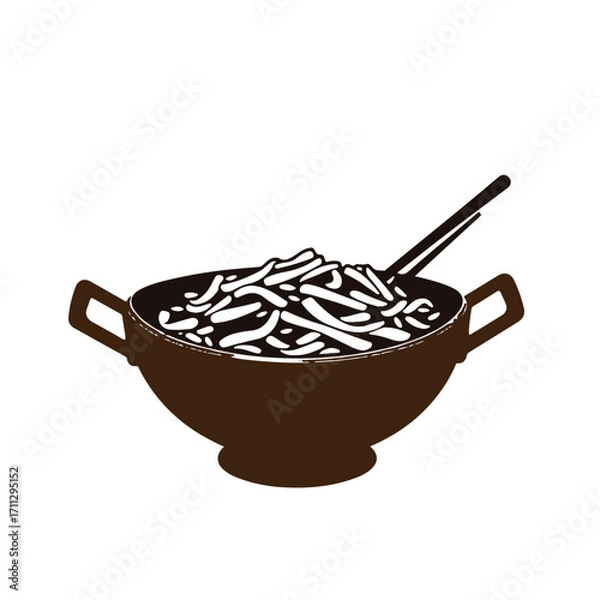 Fototapeta Korean food depicted as a classic black and white vector silhouette on a cast bronze surface, finished with a timeless, elegant, and antique patina, presented on white.