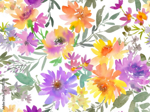 Fototapeta Watercolor Seamless Floral Pattern with Abstract Hand painted dahlia and wild flowers. Autumn Floral textile design for fabric and stationary. Modern Botanical wallpaper on a transparent background.